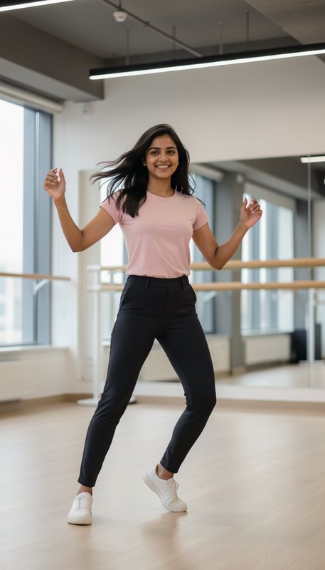 Smiling young South Asian woman dancing joyfully in a bright modern dance studio, wearing a pink ...