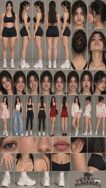 Character reference sheet showing 360 turnarounds, facial expressions, outfit options, and close-...