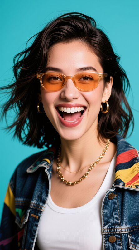 Close-up portrait of a laughing young woman in orange tinted glasses, gold jewelry, and retro den...