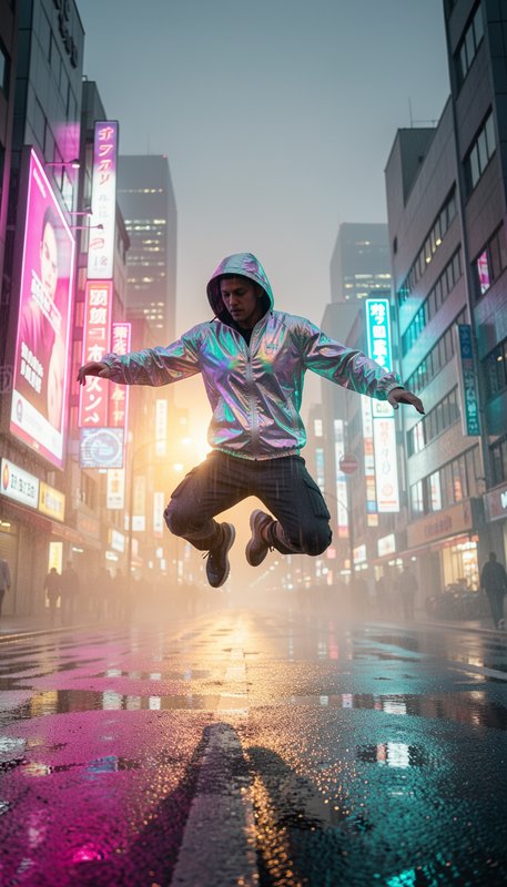 Man wearing an iridescent hooded jacket jumps mid-air above a wet neon-lit Tokyo street on a fogg...