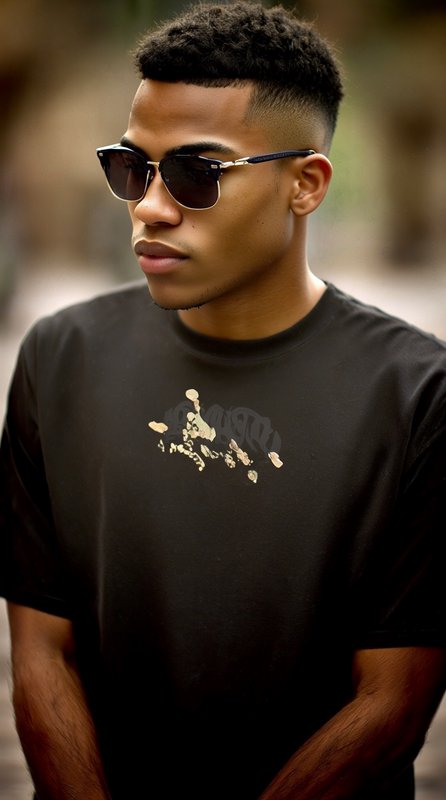 Young man with a curly fade haircut wears retro sunglasses and a black graphic t-shirt outdoors