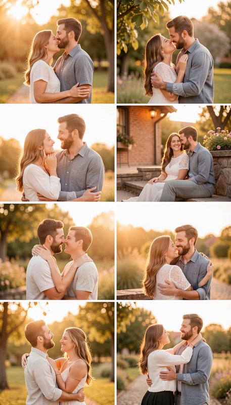 8-panel collage of affectionate couple portraits captured during warm golden hour in sunny outdoor park locations