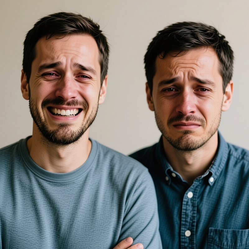 Two identical twin men show contrasting upset crying expressions side by side against a plain neu...