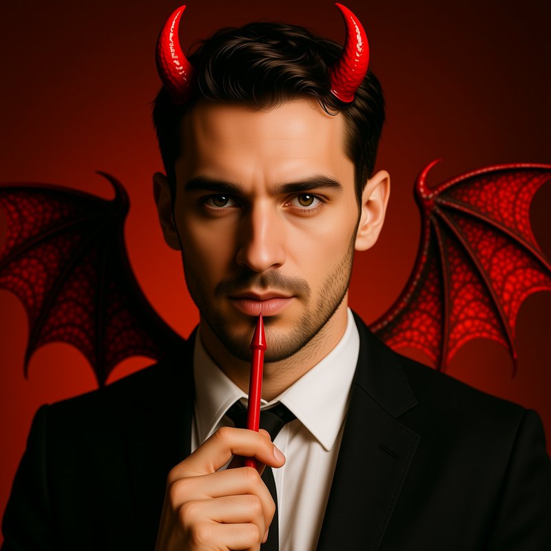 Suited man with red devil horns and demon wings holds a red pen thoughtfully to his lips