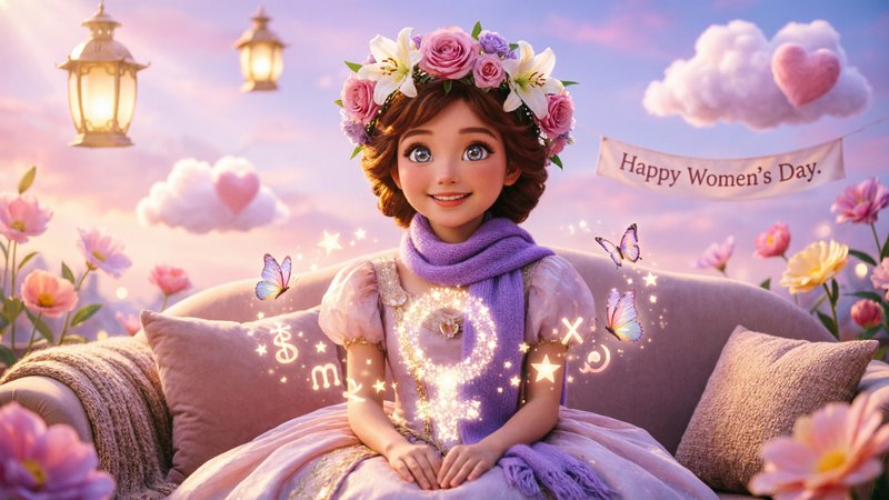 Cartoon girl with a flower crown sits on a sofa in a dreamy pastel garden, surrounded by sparkles.