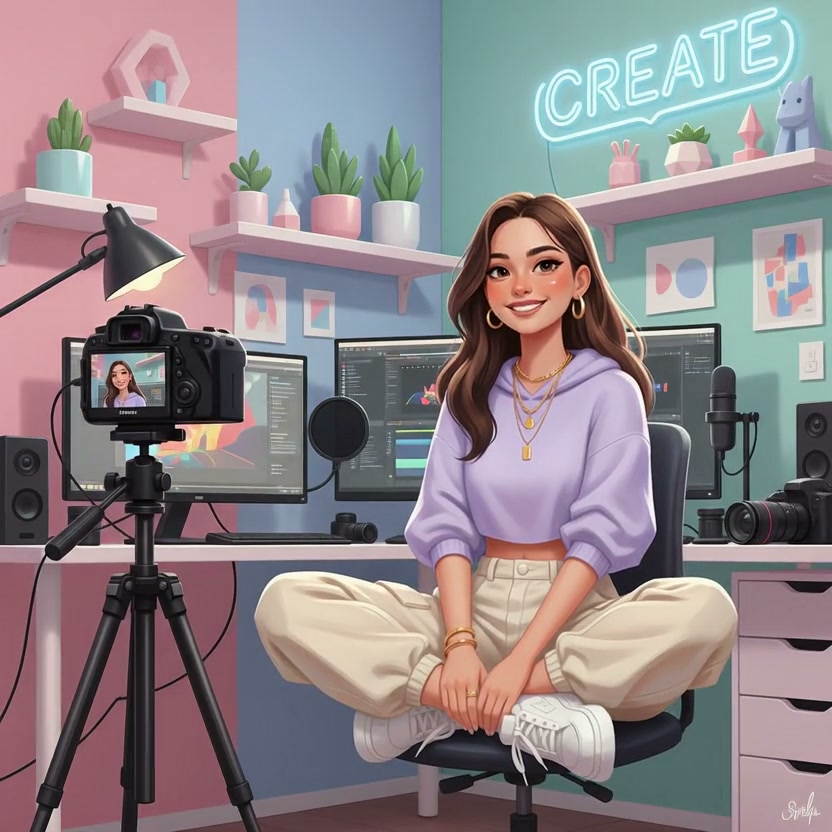 Digital illustration of a female content creator streaming in a pastel-colored home studio with c...