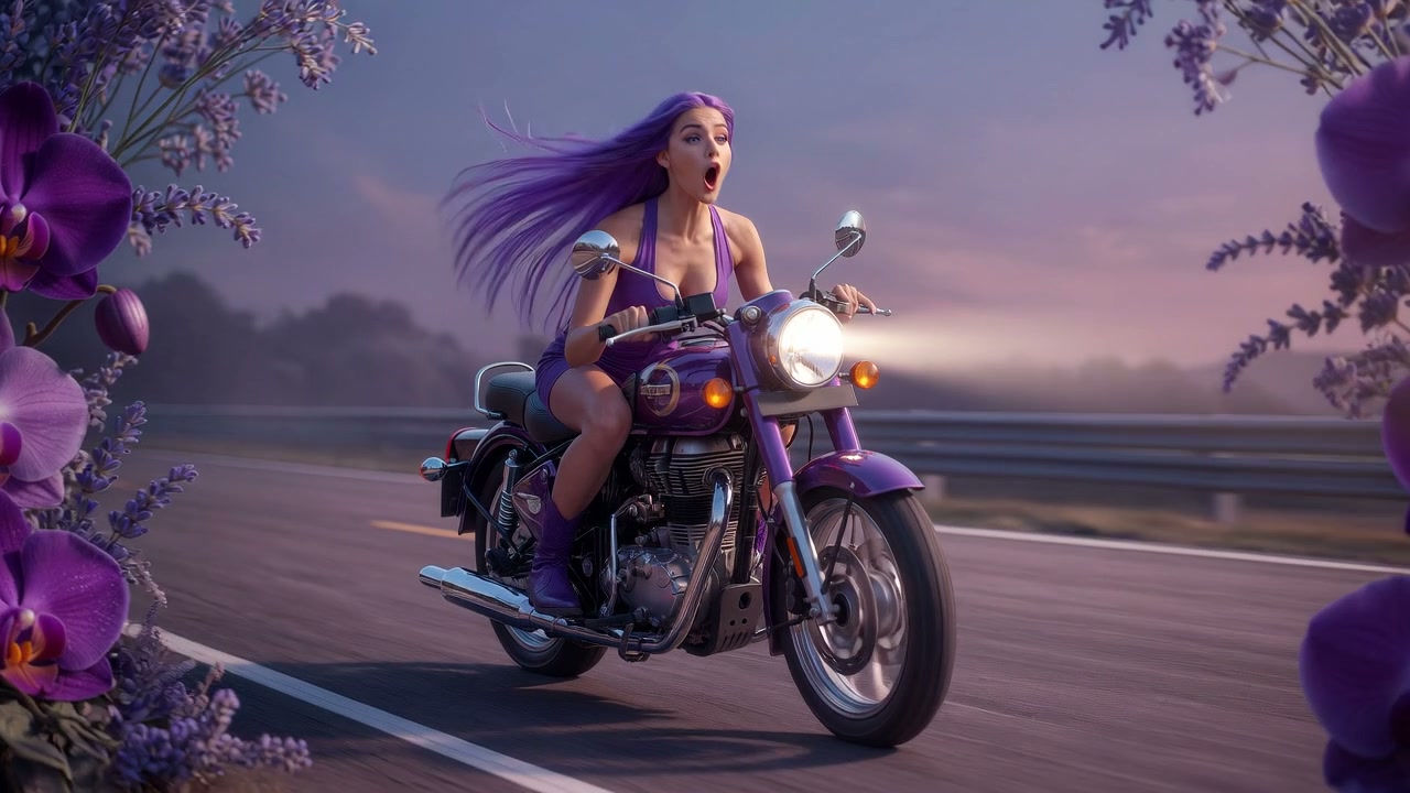 A woman with flowing purple hair rides a purple motorcycle on a highway framed by purple flowers ...