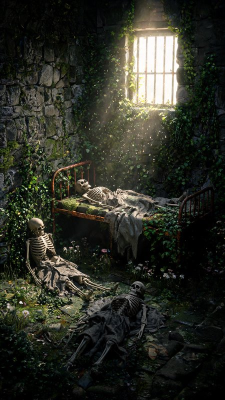 Sunbeams filter through a barred window into an overgrown abandoned stone cell with skeletons res...