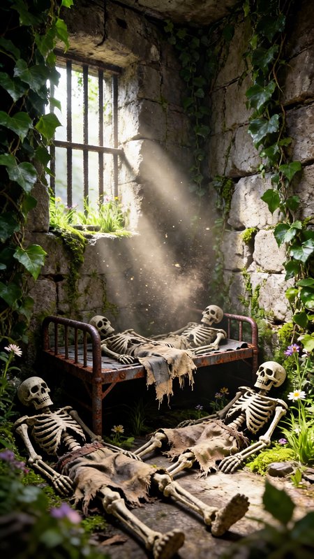Sunbeams stream into an overgrown abandoned stone prison cell with skeletons resting on rusted bu...