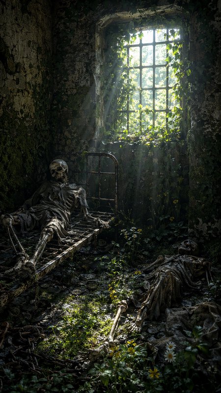 Two skeletons rest in an overgrown crumbling stone cell, sunbeams streaming through a barred ivy-...