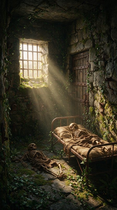 Sunbeams filter through a barred window into an overgrown stone prison cell holding two skeletons...