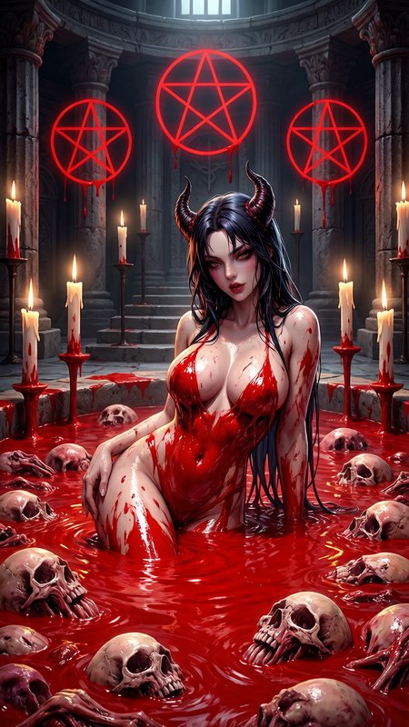 Horned succubus covered in blood sits waist-deep in a gothic ritual chamber with floating skulls,...