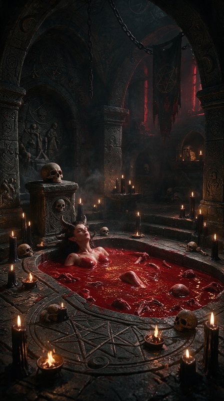 Horned demonic woman rests in a blood-filled ritual tub inside a candle-lit gothic occult dungeon...