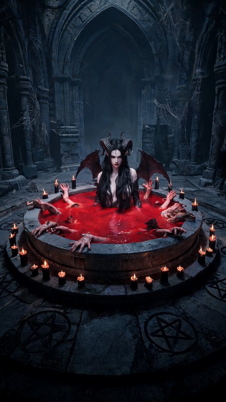 Winged horned demon succubus rises from a blood-filled ritual pool surrounded by black candles in...