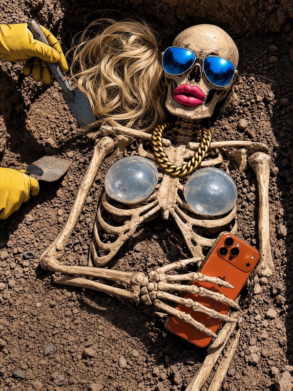 Satirical unearthed glamour influencer skeleton with sunglasses, implants, gold chain, and phone ...
