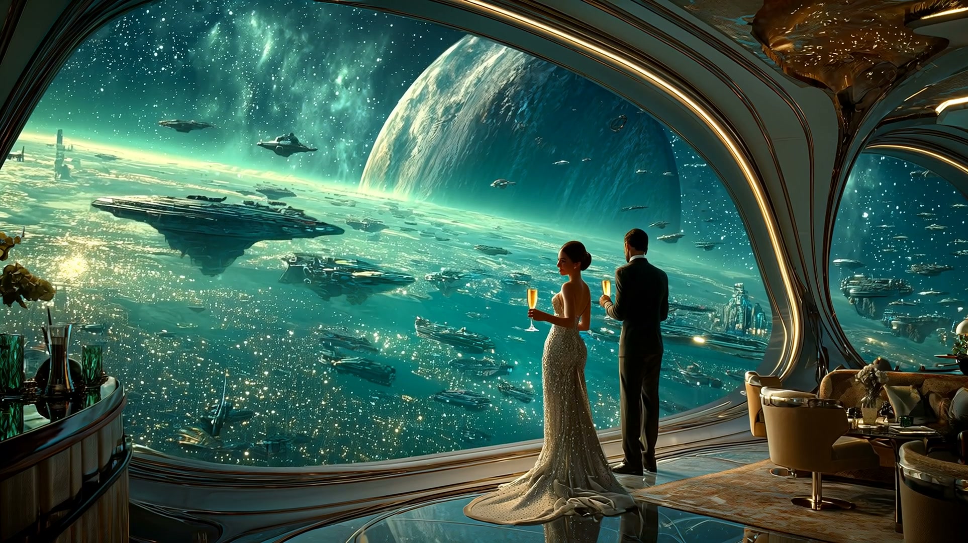 A couple in formal attire toasts with champagne in a futuristic space lounge overlooking a fleet ...