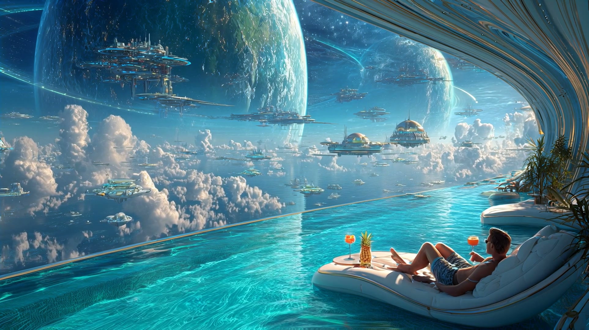 Relaxing on a pool lounge on a space-age balcony overlooking floating platforms and distant planets.