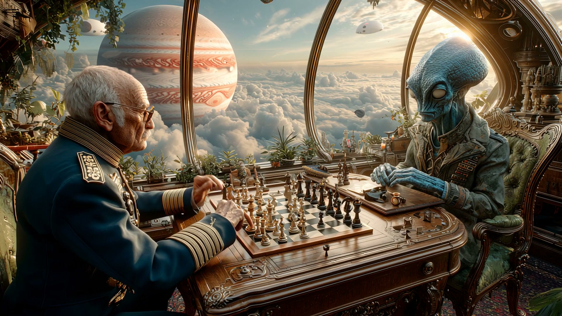 Elderly man in a decorated uniform plays chess with a blue alien in a ornate spaceship room above...