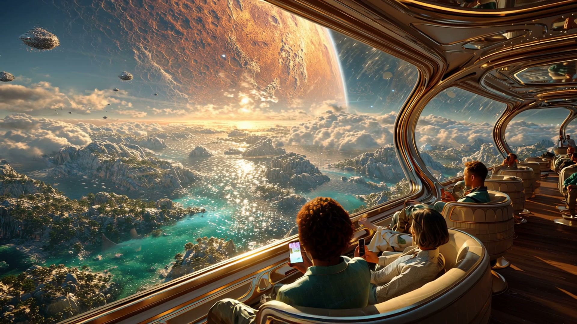 Futuristic passenger lounge with curved glass windows overlooking an orange planet and turquoise ...