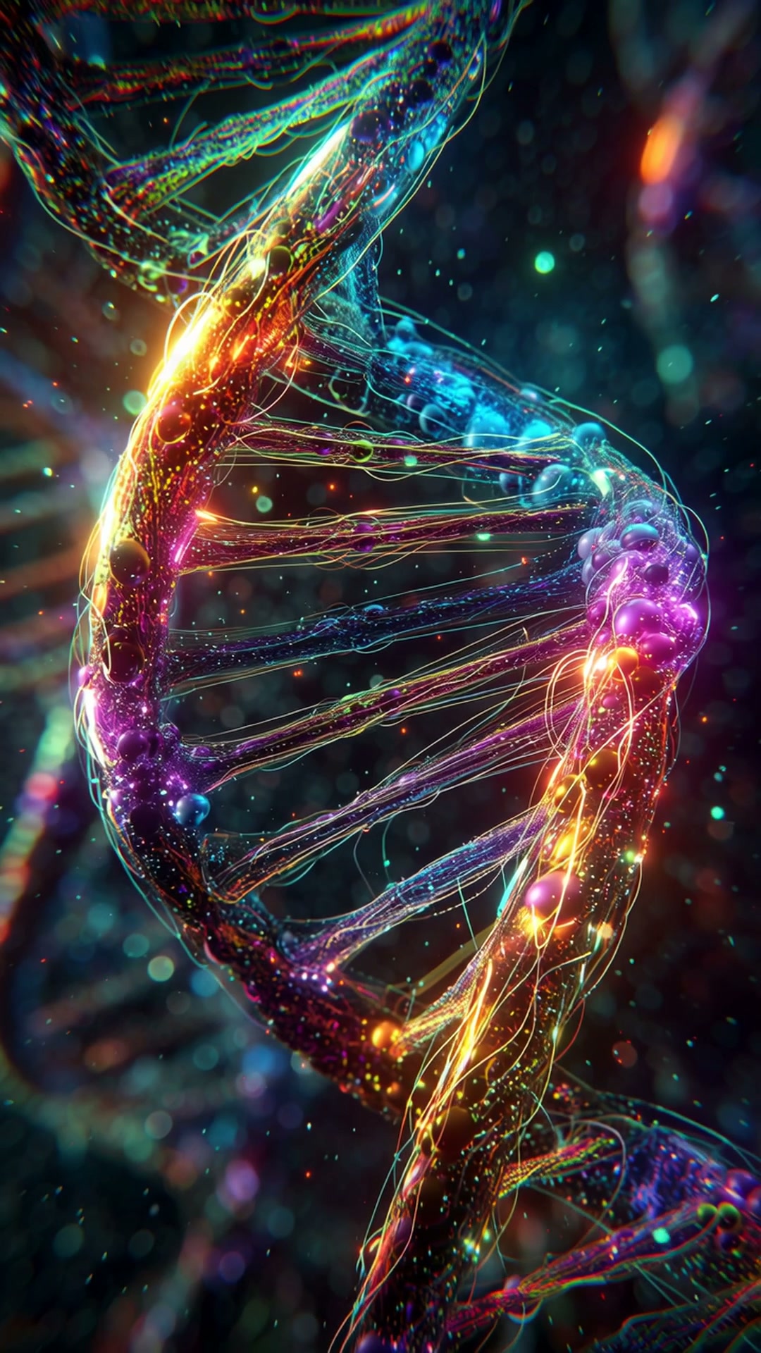 Vivid neon DNA double helix with glowing strands and colorful orbs.