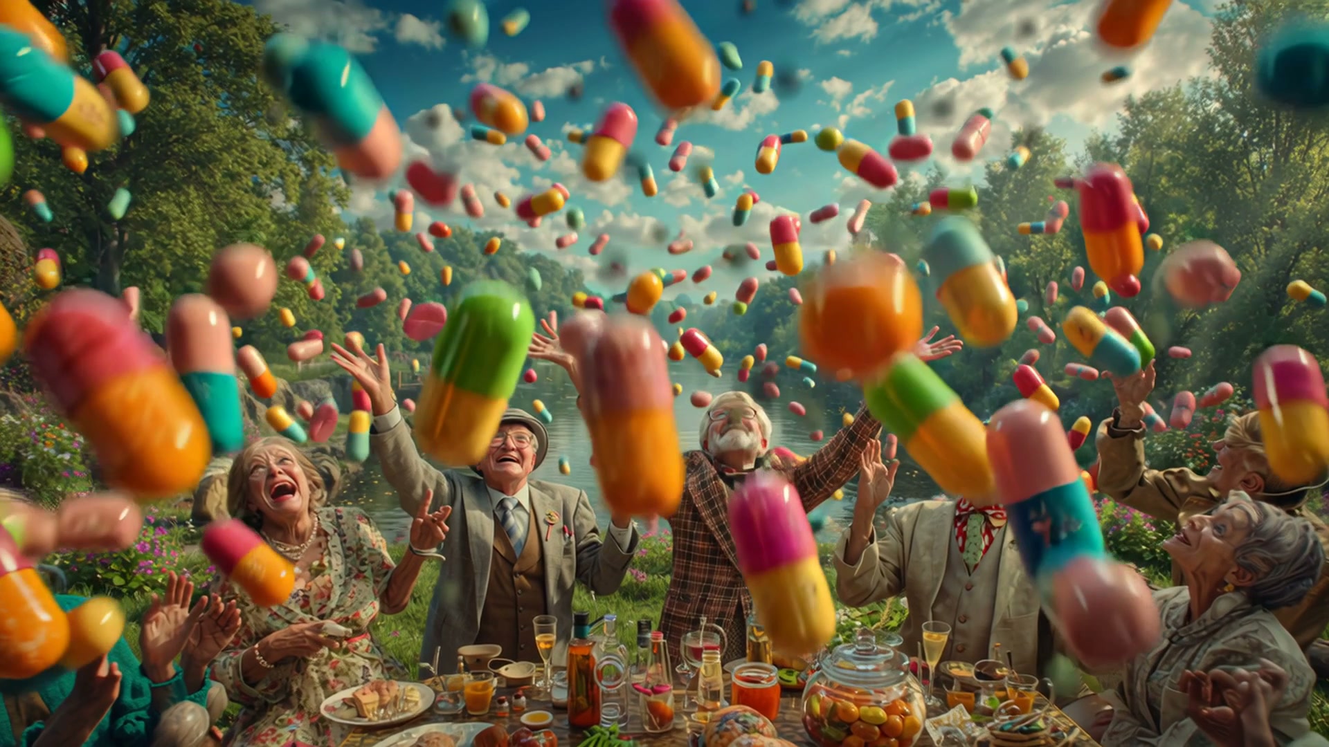 Seniors at outdoor garden party throwing colorful capsules into the air.