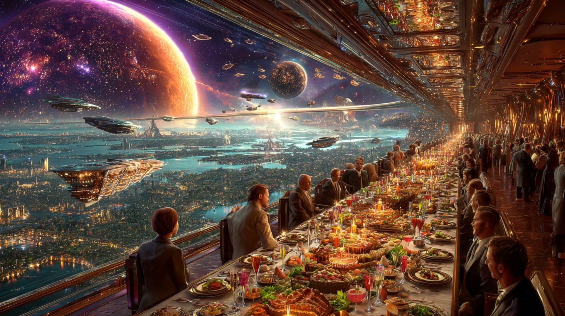 Futuristic space banquet aboard a long glass-walled hall overlooking a vibrant sci-fi city and or...