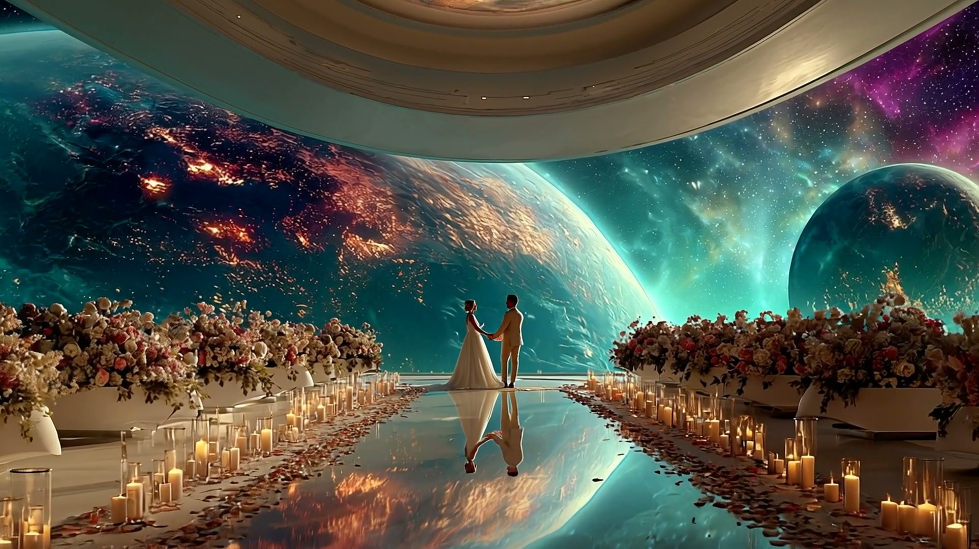 A couple in wedding attire holds hands on a reflective aisle with candles and flowers, set agains...