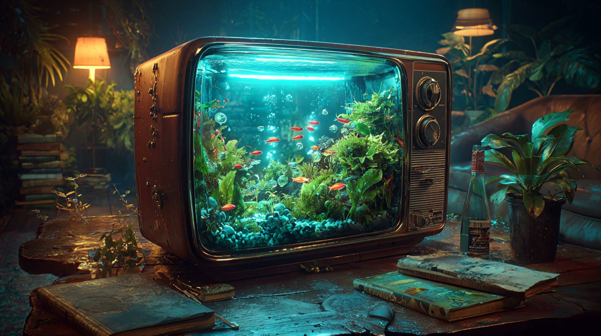 Vintage CRT television filled with aquatic plants and small red fish in a neon-lit living room.