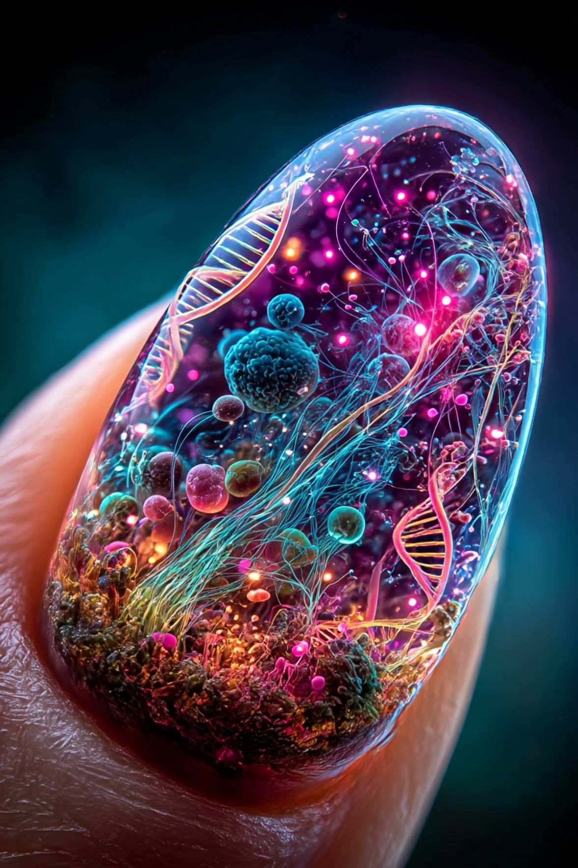 Close-up of a glass-like capsule on a fingertip displaying colorful cellular patterns and DNA str...