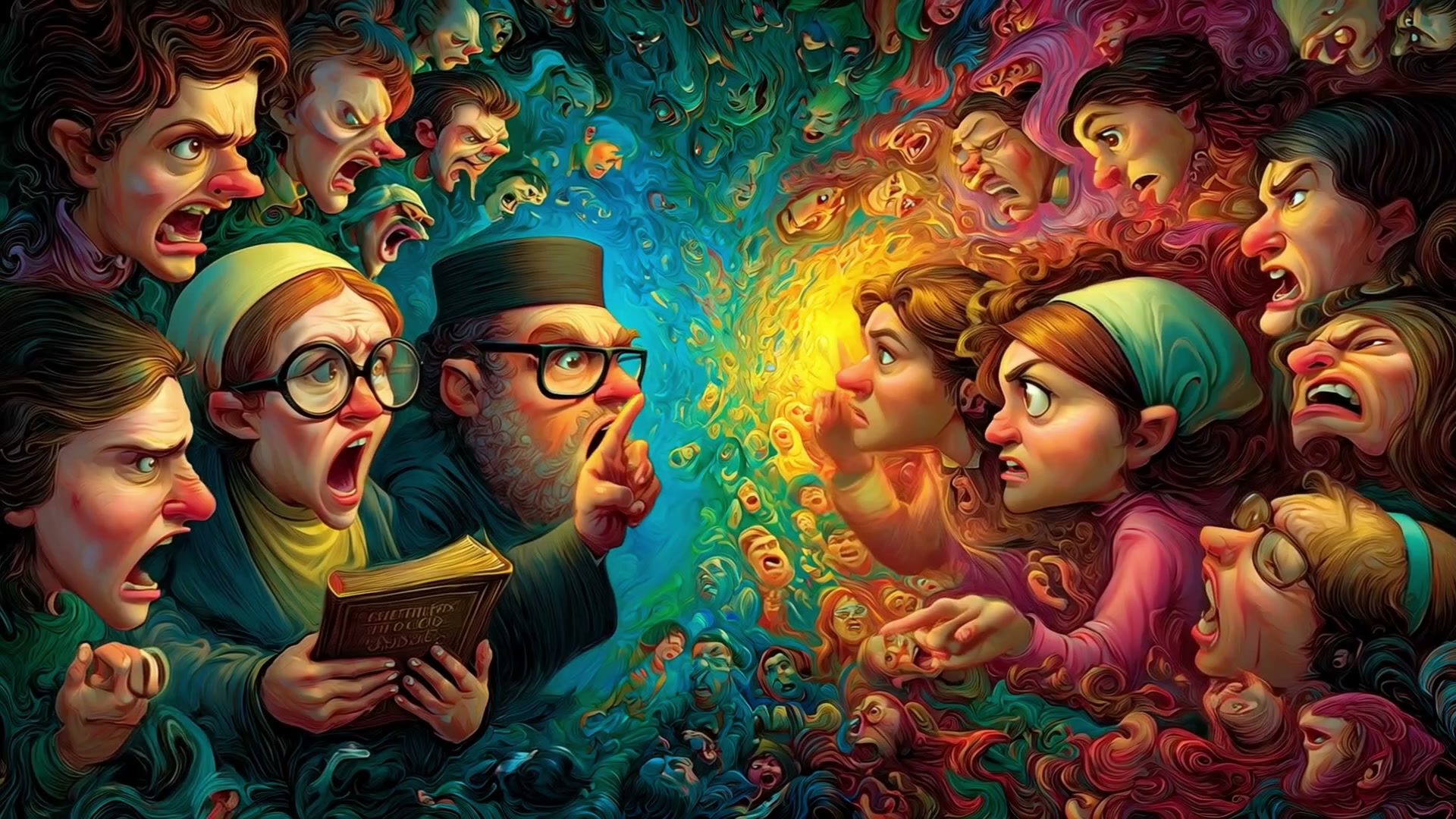 Surreal crowd of angry people facing off, a bearded man with glasses shushes, holding a book.