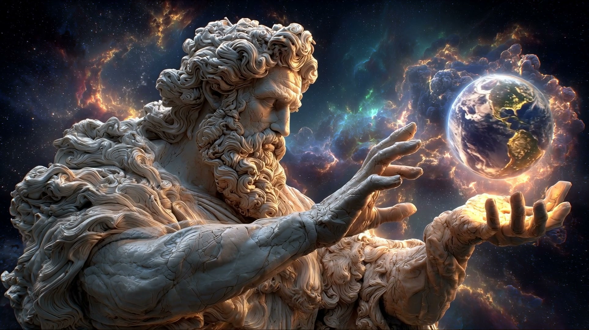 Ancient marble statue with flowing robes reaching toward a glowing Earth in space