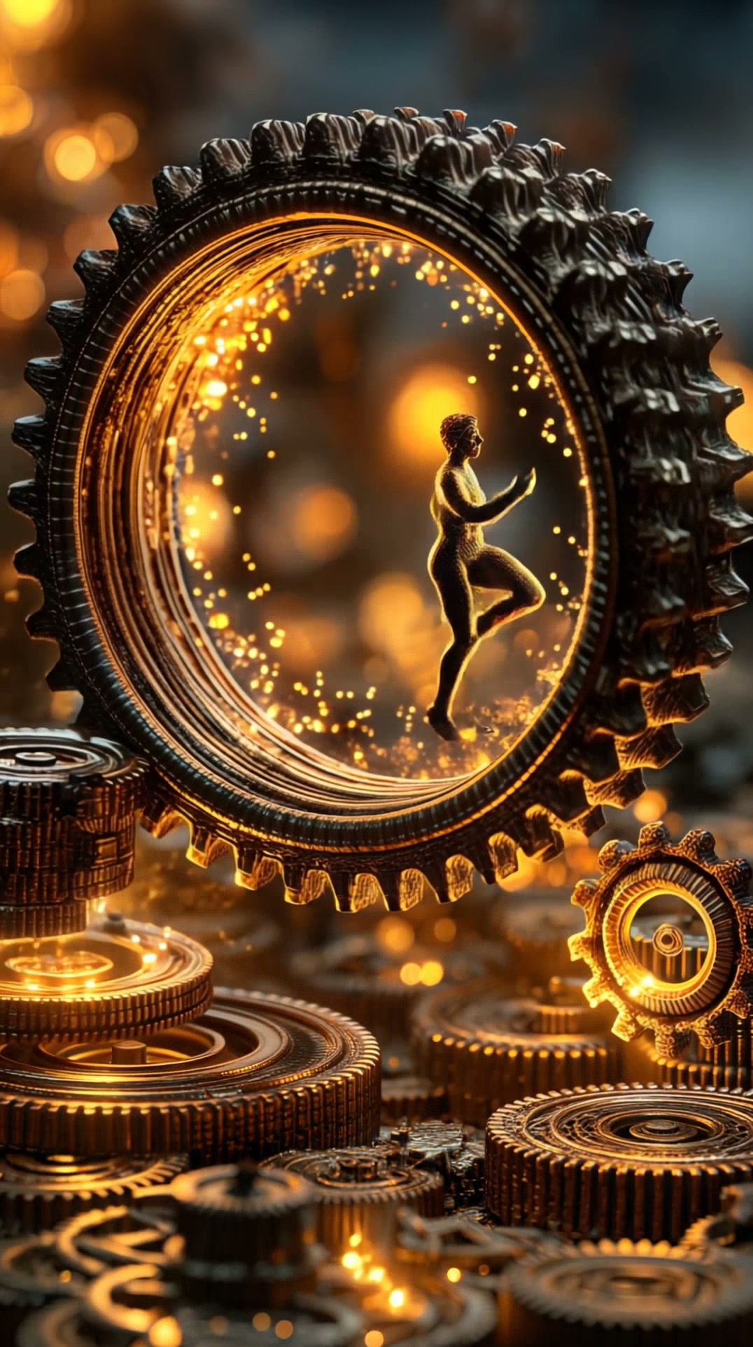 Small golden human figure dancing inside a glowing gear, surrounded by metallic cogs.
