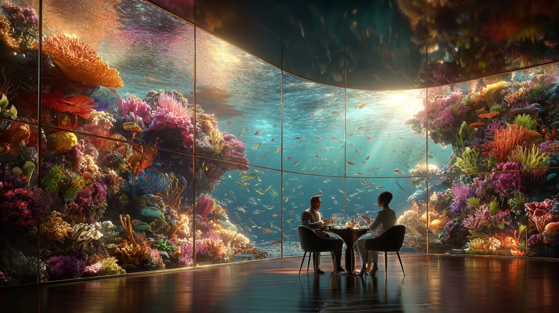 Two people dine at a glass-walled table inside a room featuring a vibrant coral reef mural.