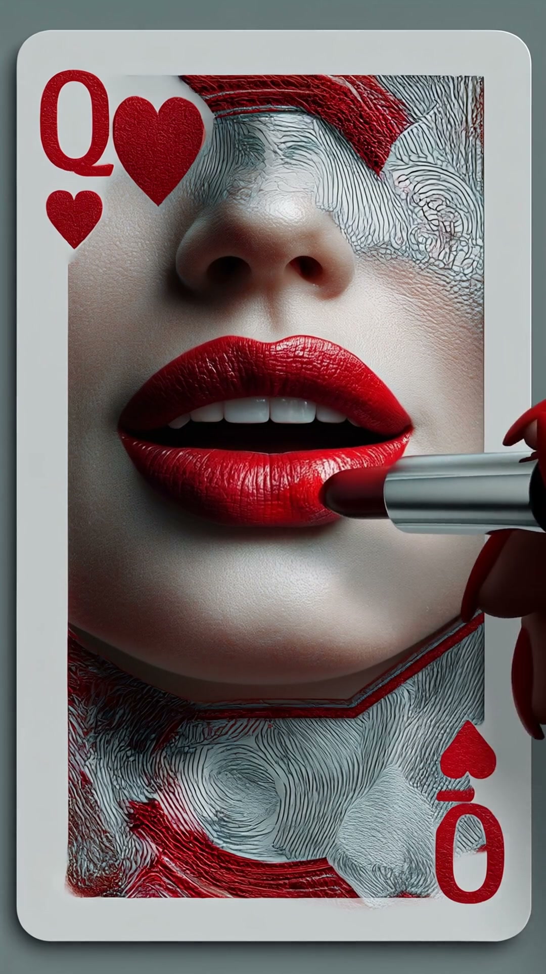 Close-up of red lipstick being applied on a stylized Queen of Hearts card.