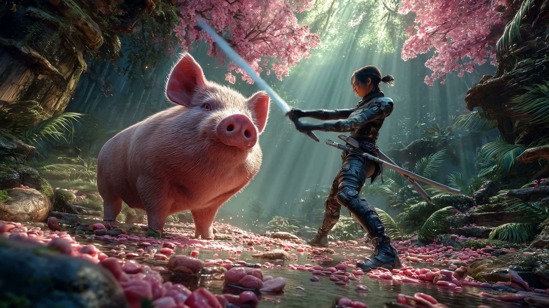 Fantasy warrior battles a large pink pig in a sunlit pink-flowered forest.