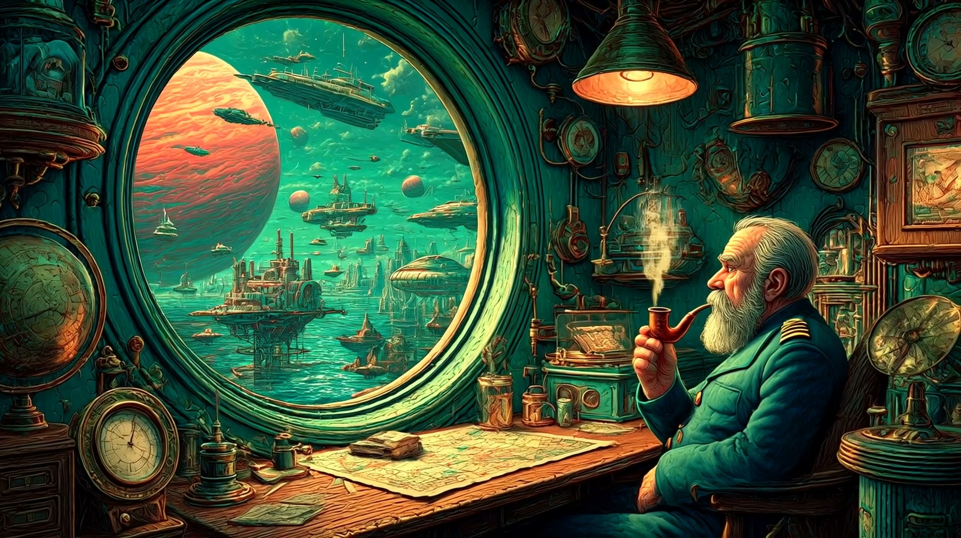 A bearded captain in a teal submarine view, smoking a pipe as a glowing alien cityscape and space...