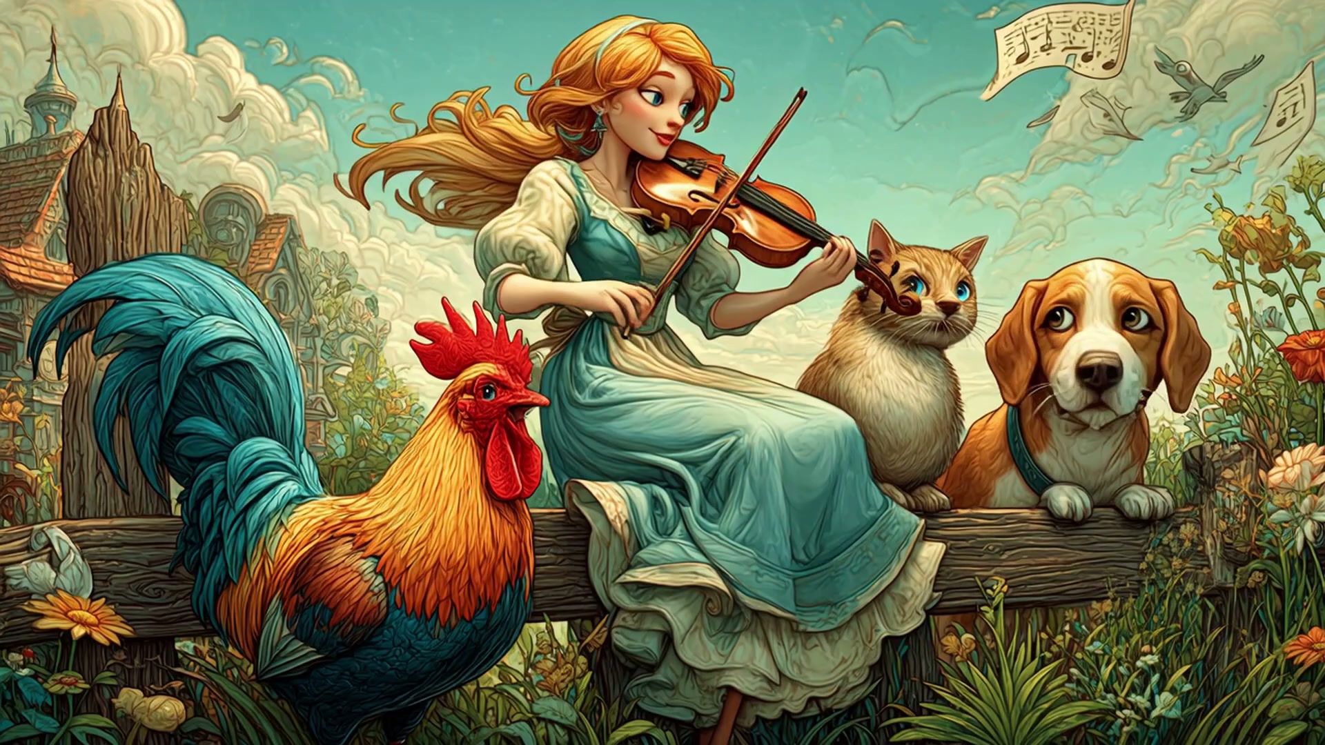 Young woman in a blue dress playing violin on a wooden fence with a rooster, cat, and dog in a wh...