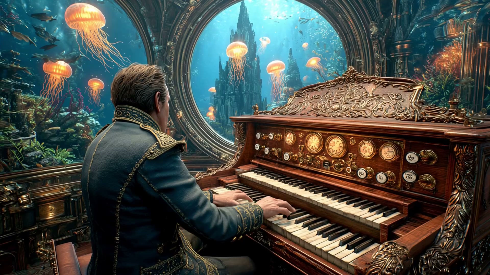 Man in an ornate blue coat plays a vintage organ inside an underwater chamber with jellyfish swim...