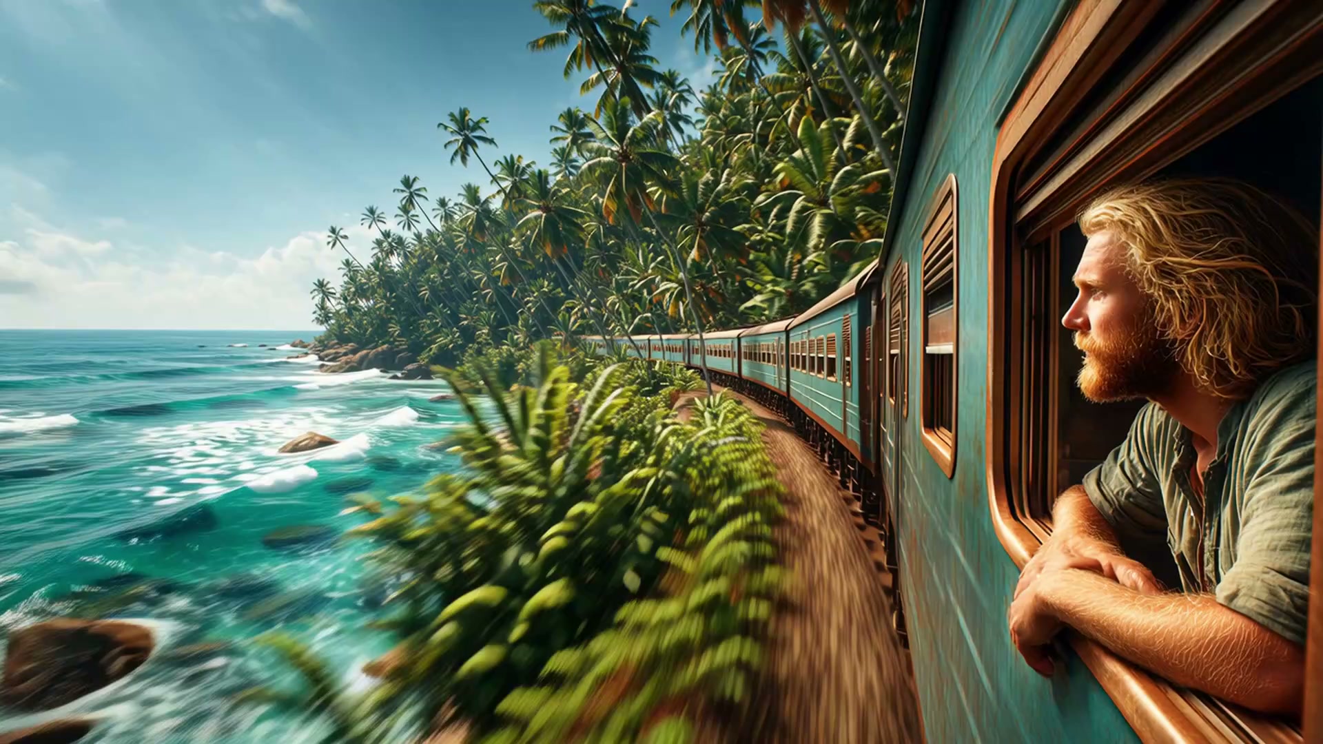 Man with blonde hair leaning from a turquoise coastal train window along a palm-lined tropical sh...