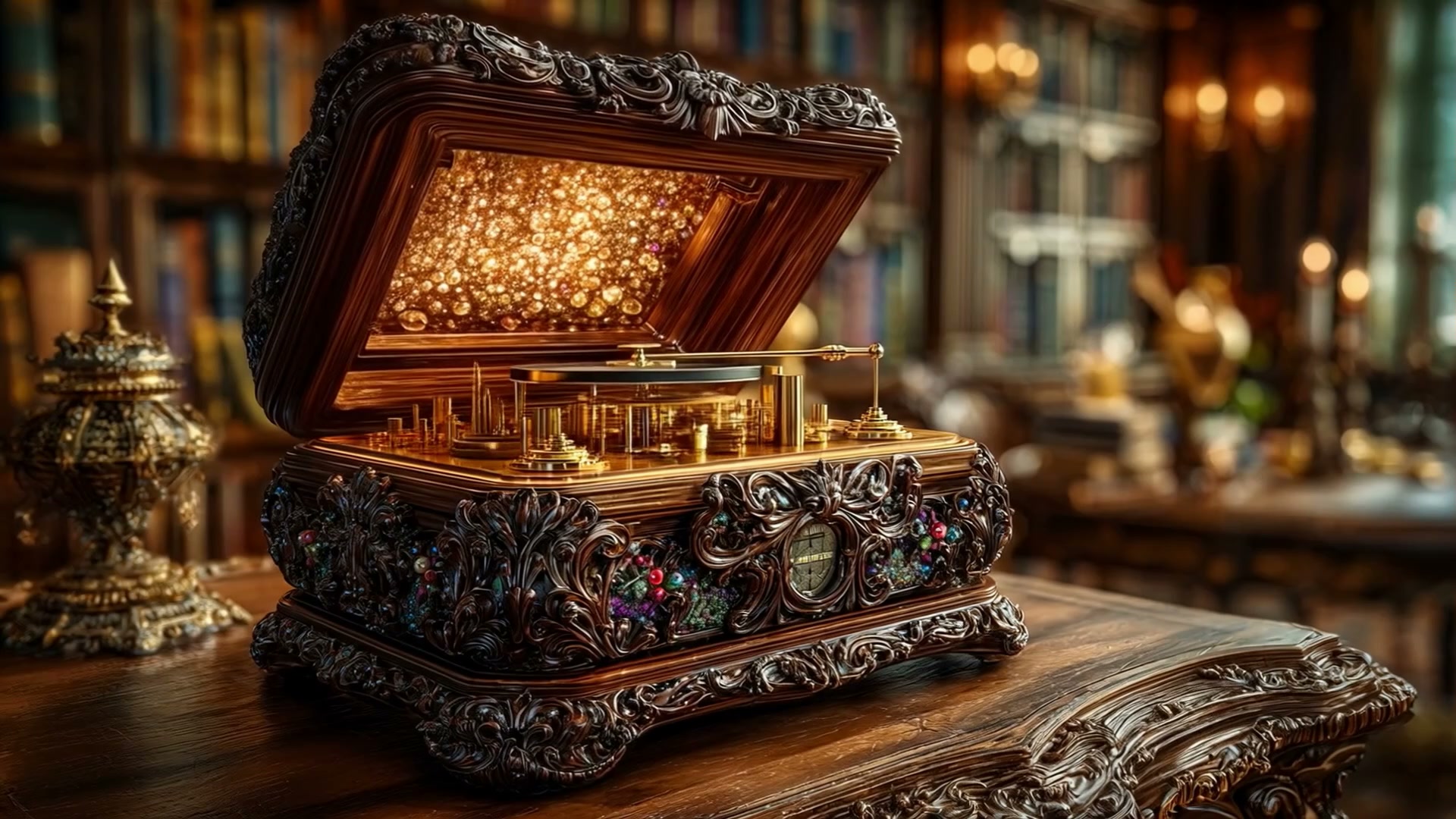 Ornate open jeweled chest with gold coins and gems on a carved wooden table.