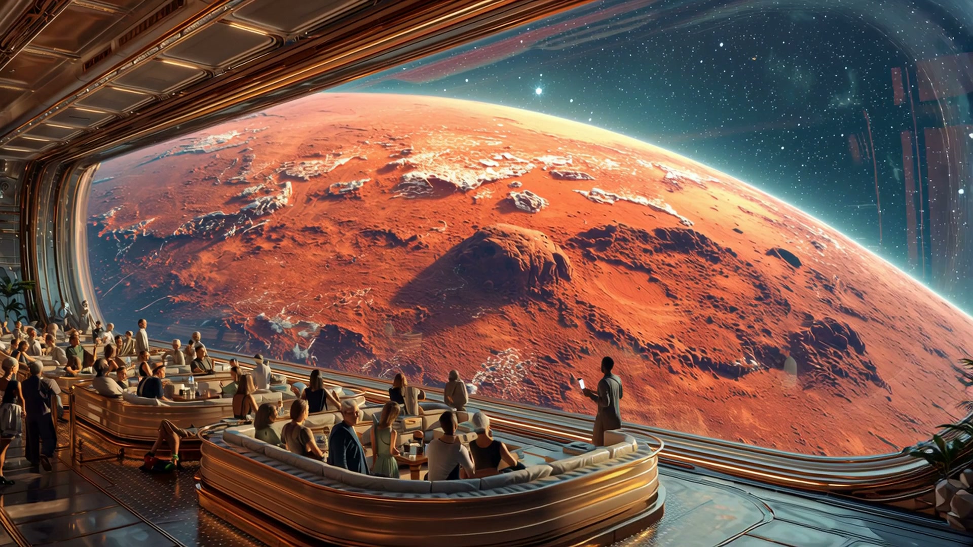 Futuristic space lounge with a large window overlooking Mars; passengers seated around curved gol...