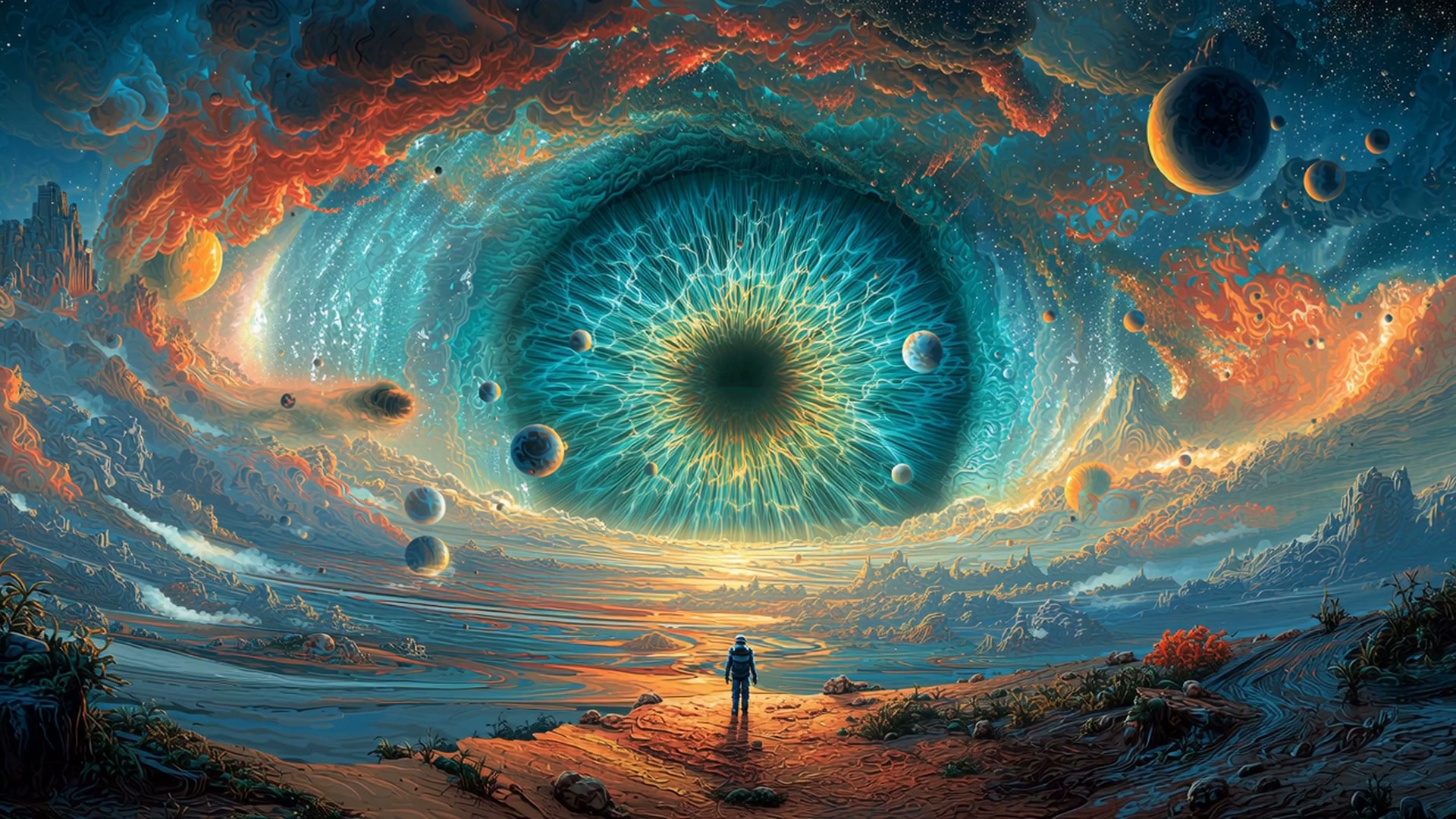 Surreal cosmic landscape with a glowing eye-shaped vortex and a lone astronaut in foreground.