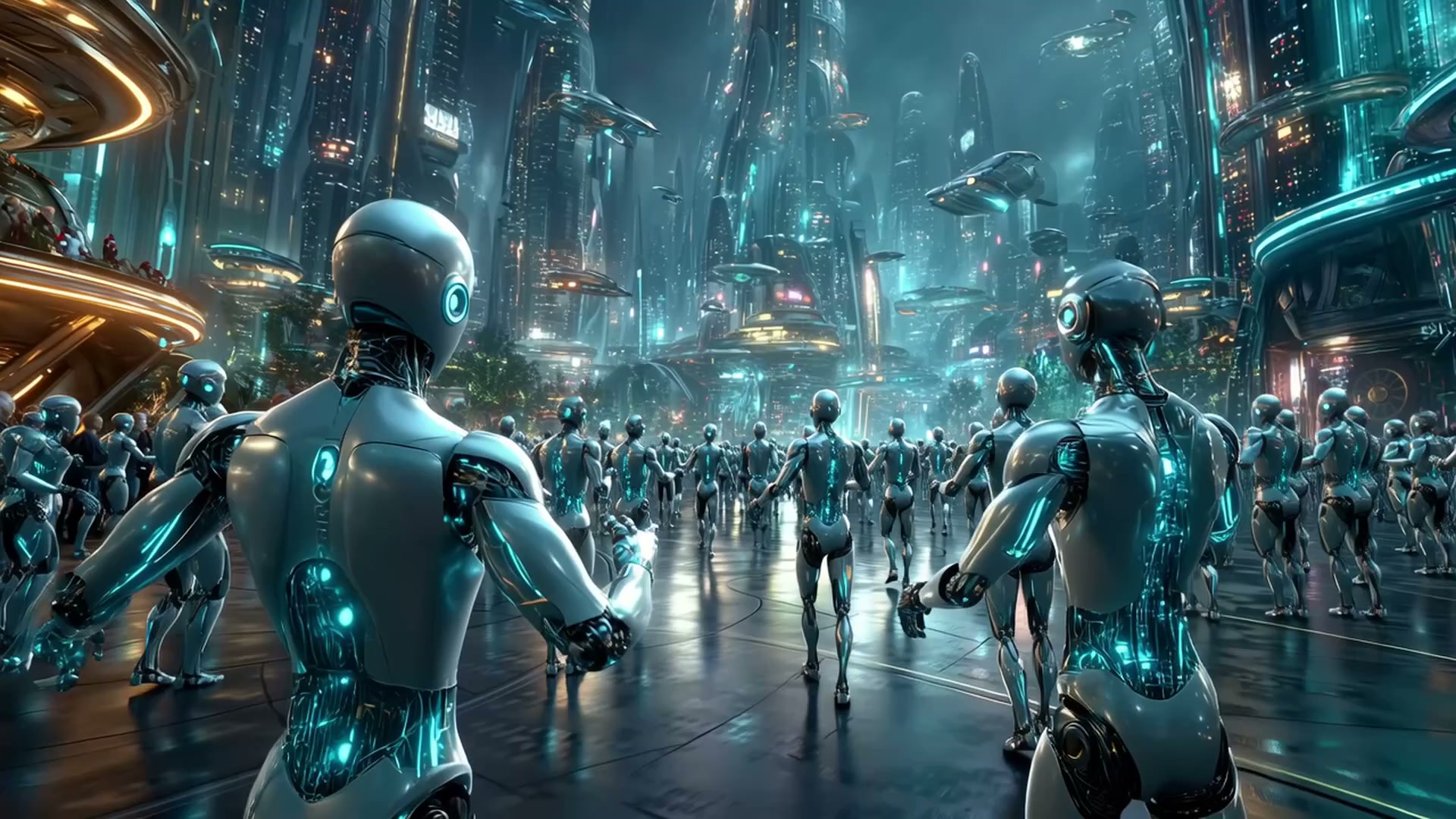 Futuristic crowd of humanoid robots in a neon-lit sci-fi city plaza with flying vehicles.