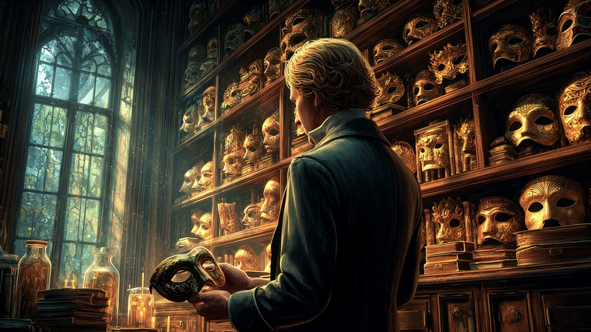 Man in a coat holds an ornate mask in a candlelit room full of golden theater masks on shelves.