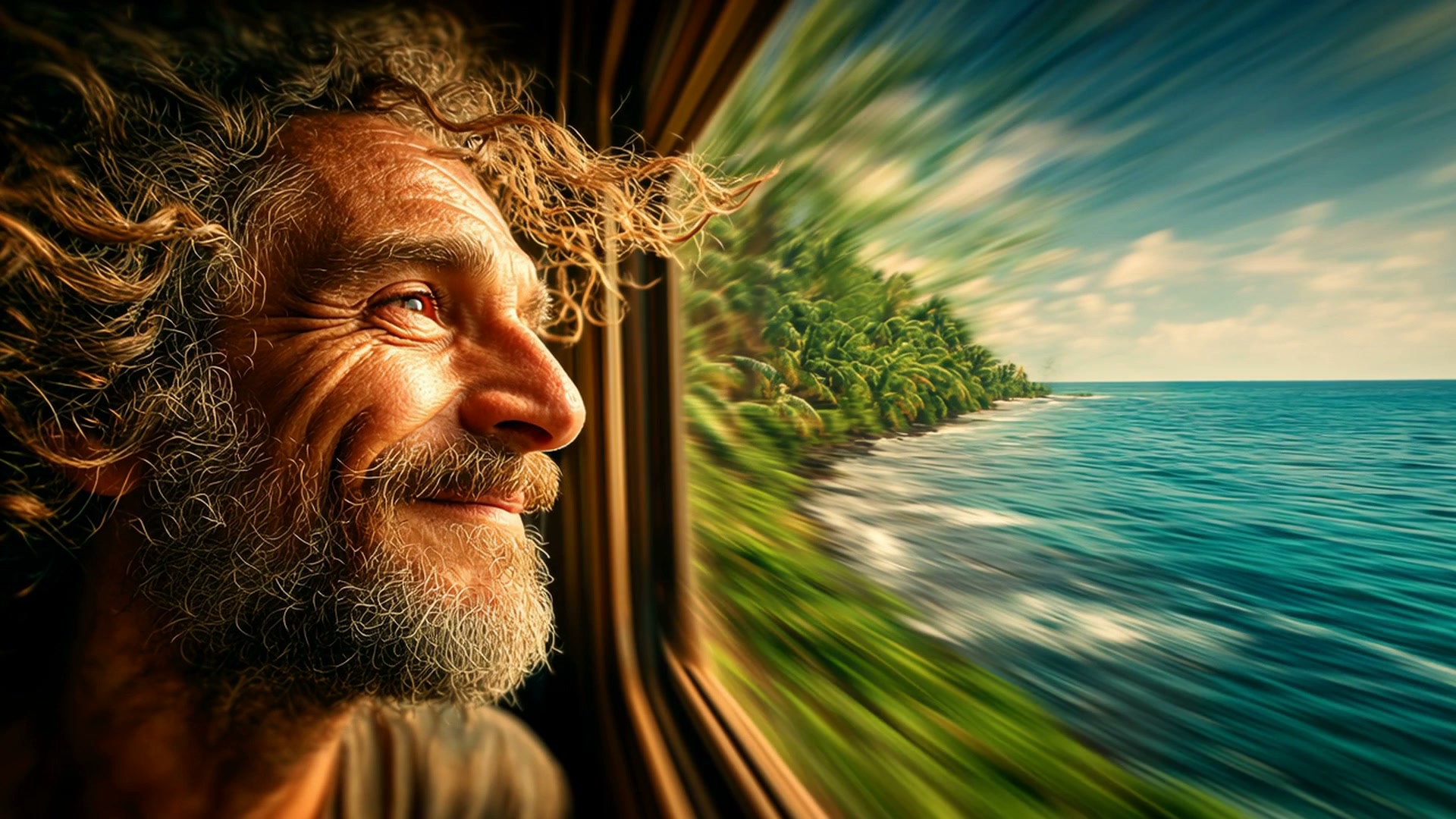 Close-up of a smiling man with curly hair and beard looking out a moving window at a tropical coa...