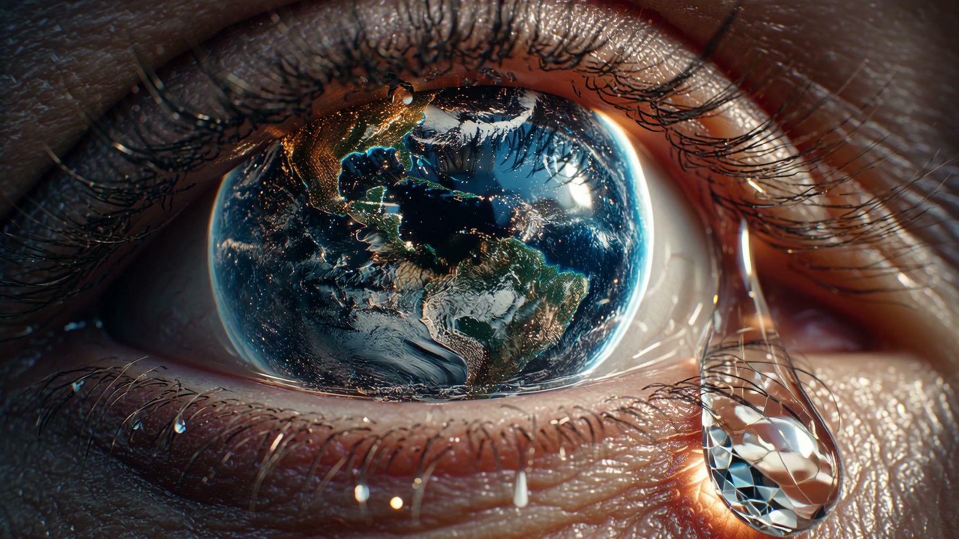 Close-up of an eye with the Earth reflected in the pupil and a teardrop on the lower lid.