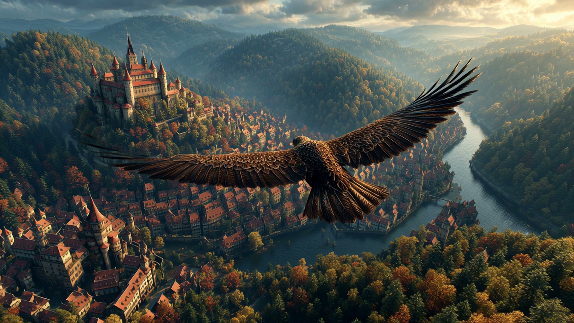 A majestic eagle soars above a medieval castle town tucked in a forested valley.