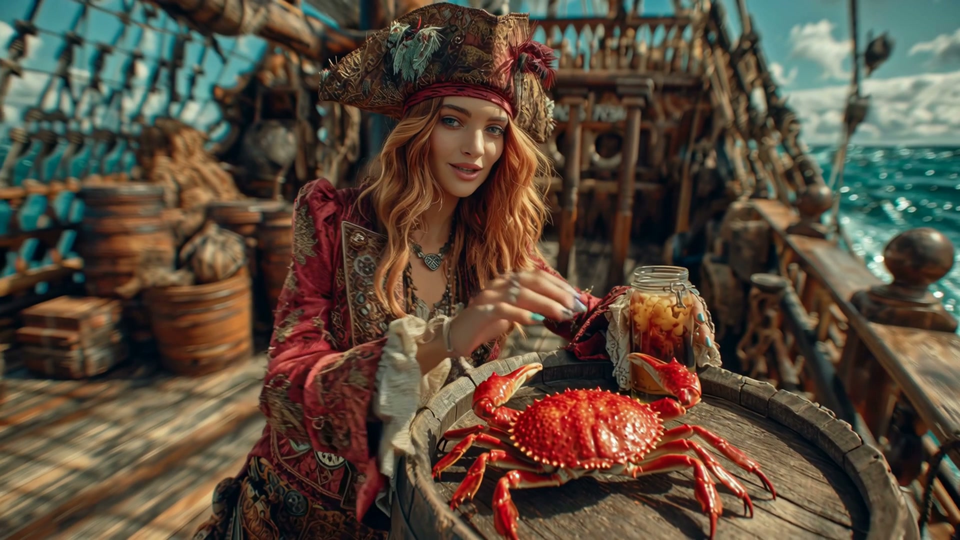 Pirate-costumed woman on a weathered ship deck with a bright red crab on a wooden barrel.