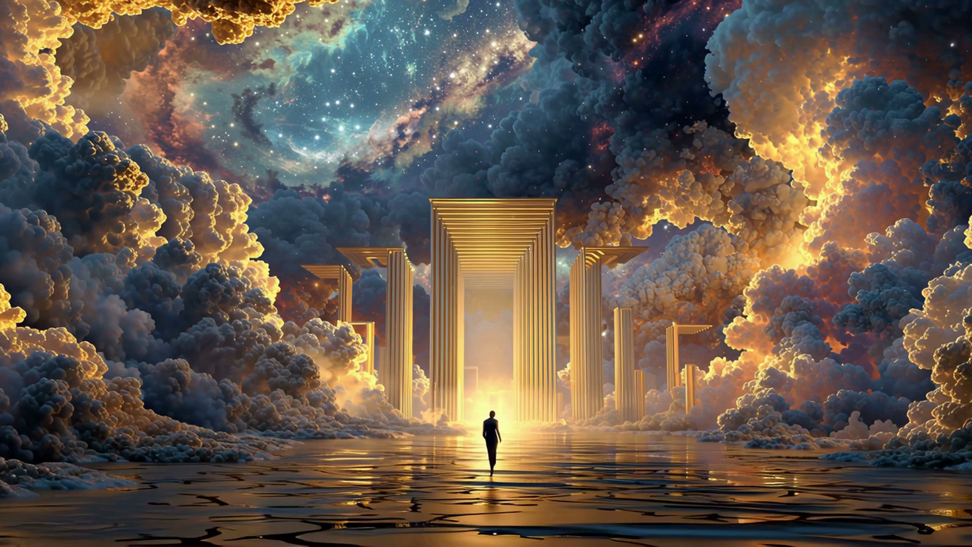 A lone figure approaches a radiant golden gate formed by tall pillars amid luminous clouds and a ...