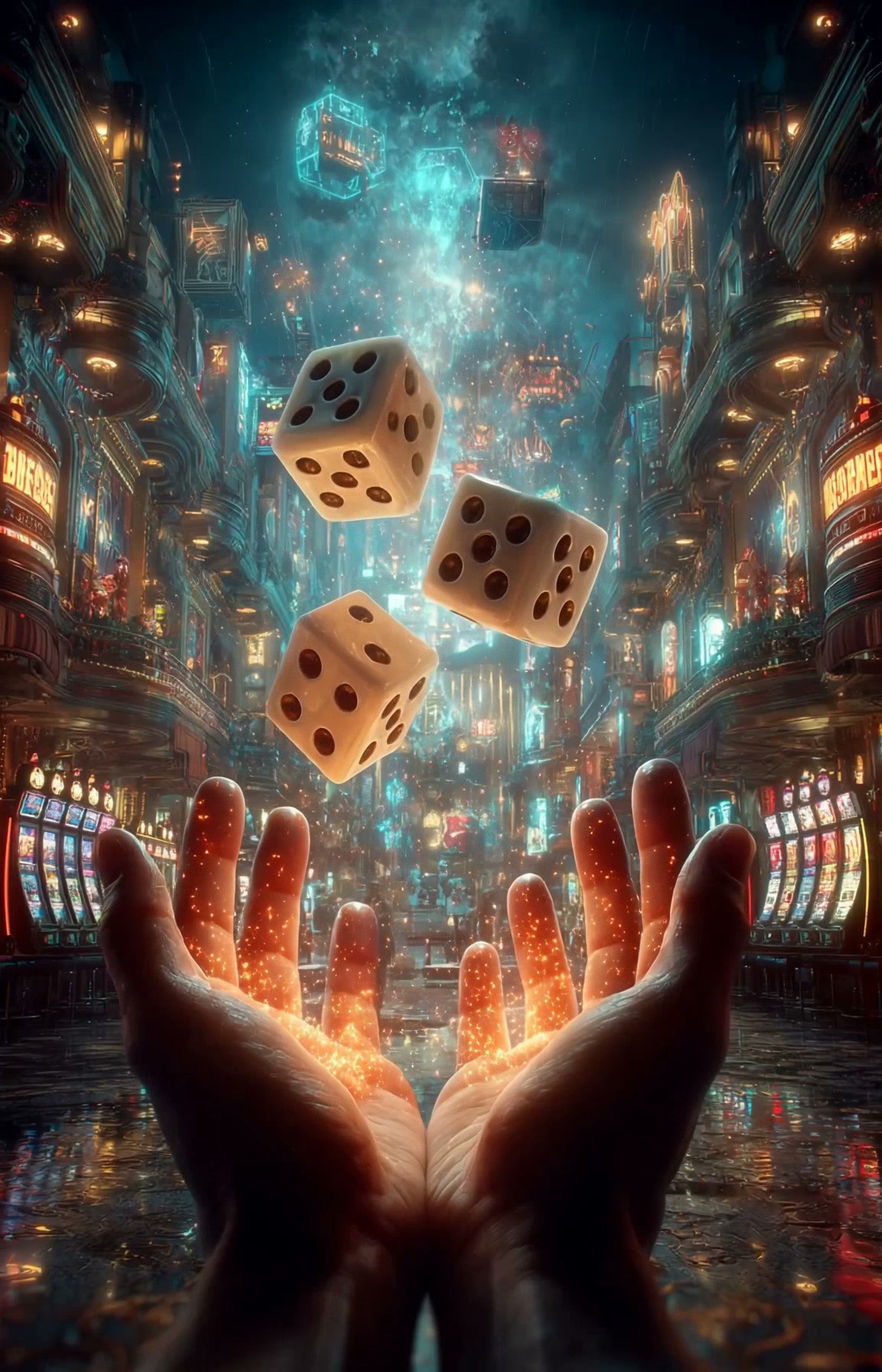 Futuristic neon city arcade scene with floating dice above glowing hands.